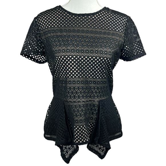 BCBGMaxAzria Tops - BCBG MaxAzria Vicktoria Black Lace Peplum Hem Top Shirt Size M Short Sleeve